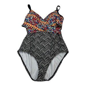 Cleanwater‎ Womens 16W One Piece Swimsuit Mixed Pattern Geometric Chevron Padded